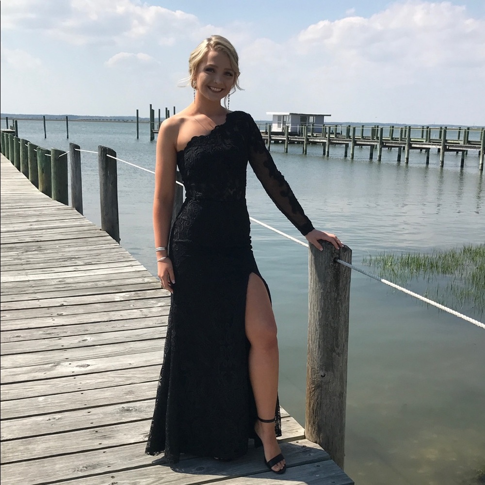 Morilee black; beaded floral lace prom dress